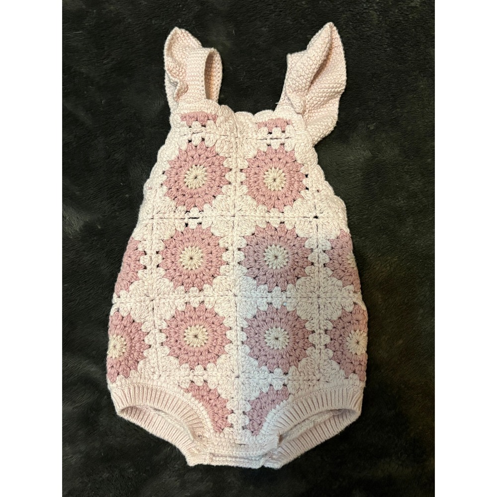 Zara Baby Girls Pink Crochet Granny Square Ruffle Romper‎ 3-6 Months